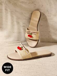 SHUZIA Women's Fashion Comfy Vegan Leather Cherry Fruit Decor Slip-On Flat Sandals - Beige - View 4