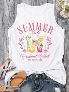 SHEIN LUNE Plus Size Letter Print Minimalist Crew Neck Tank Top - White - View 1
