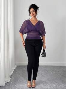 Elenzga Plus Size Women V-Neck Pleated Casual Versatile Daily Wear Blouse - Purple - View 6