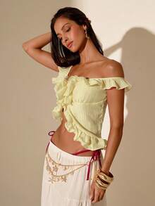 SHEIN Glamour 女款荷葉邊短版上衣，抓皺襯衫，適合夏季、熱帶風、度假、假日、海灘、派對 - 淡黃色 - 查看 7