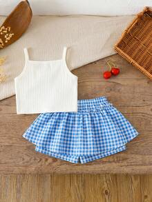 SHEIN 2pcs/Set Young Girls Summer Embroidered Knit Vest&Ditsy Floral Skirt Shorts,Casual Cute Cherry Leopard Gingham Print Camisole Top Matching Outfit Set - Multicolor - View 10