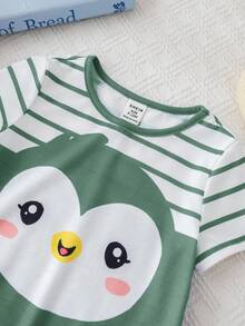 SHEIN Baby Boy Cartoon Penguin Pattern Contrast Color Round Neck Short Sleeve Romper Shorts - Multicolor - View 7