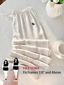 SHEIN Tall CURVE Große Größen Lässig Loose Hose mit Kordelzug Taille und Stickerei - Weiss - Übersicht 1