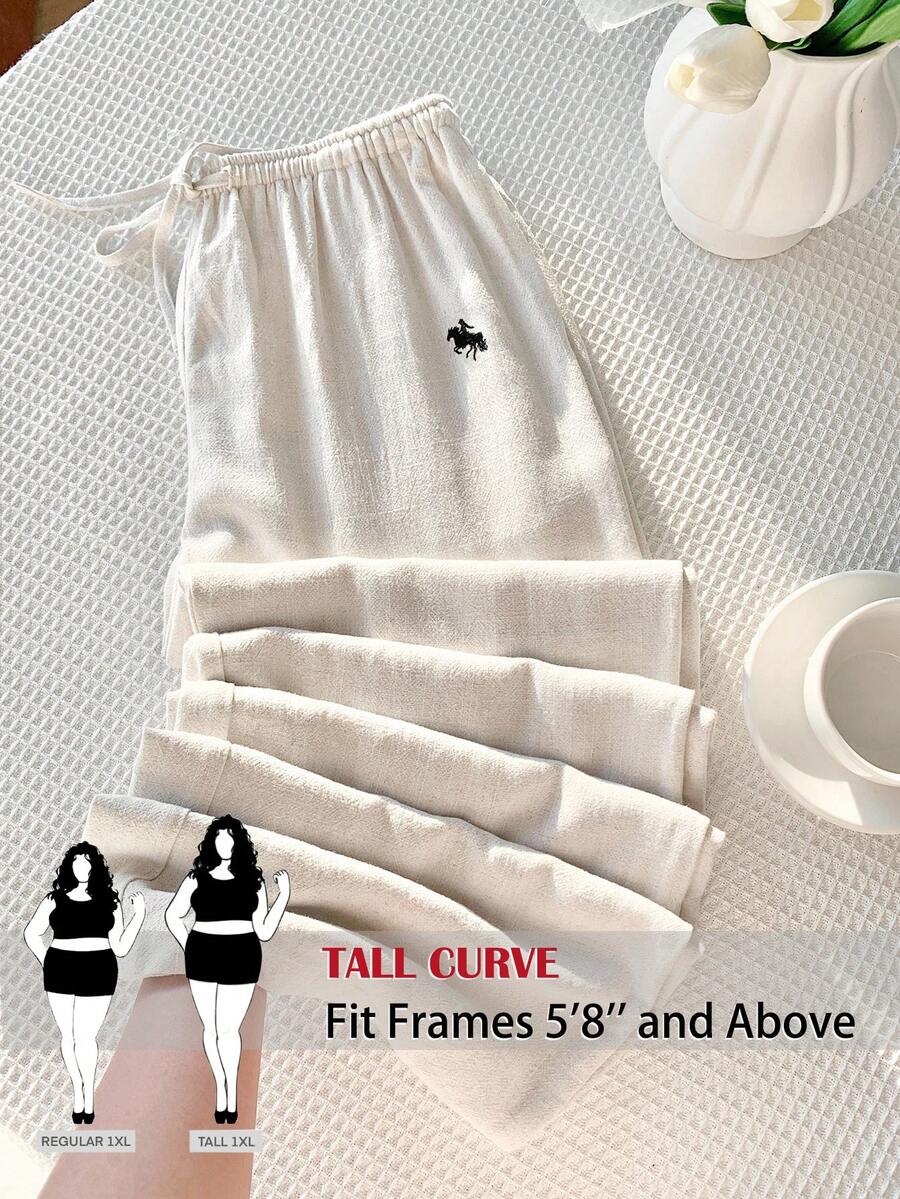 SHEIN Tall CURVE Große Größen Lässig Loose Hose mit Kordelzug Taille und Stickerei - Weiss - Übersicht 1