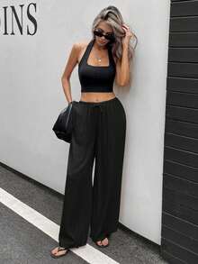 SHEIN PETITE CURVE CURVE 大尺碼女款小個子寬腿褲，黑色 Sommar 簡約休閒傳統日常高腰繫帶附口袋，適合秋季度假 - 黑色 - 查看 5