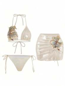 Swim Oasis 3pcs/Set Summer New Shiny Fabric Sequin Embroidery Floral Triangle Bikini Push Up Swimwear For Women - Apricot - View 3