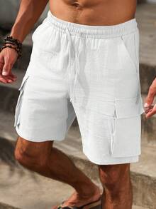 VENTUSAIL Men's Drawstring Waist Solid Color Linen Cargo Shorts, Holiday - White - View 3