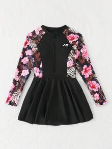 SHEIN Tween Girl One-Piece Swimsuit,Pink Floral Long Sleeve Zip-Up Dress-Style Swimwear,Modest Rashguard Uv Protection Bathing Suit,Summer Beach Vacation - Black - View 5