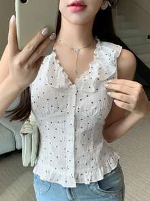 DAZY 春夏波點蕾絲女款上衣 時尚派對雞尾酒洋裝 優雅無袖荷葉邊背心 短袖可愛上衣 - 白色 - 查看 3