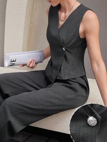 Mulvari Women's Elegant Commuter Elegant Fitted V-Neck Vest And Straight Leg Pants 2 Pieces Set Corporate Office Charcoal Gray Summer - Dark Grey - View 5