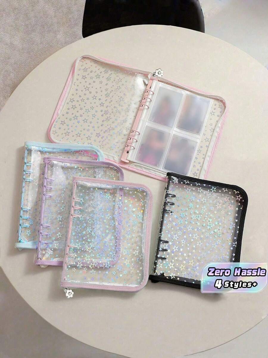 1 Portada de cuaderno de hojas sueltas, Cuaderno de recortes A5 con cielo estrellado grabado con láser transparente, Cierre con cremallera de PVC brillante, Páginas interiores transparentes decoradas con un patrón de cielo estrellado brillante, Cubierta de PVC resistente, Adecuado para álbumes de recortes, almacenamiento de fotos, regalo de Navidad. - Multicolor - Ver 1