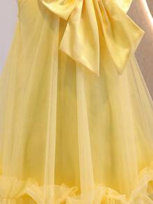 Young Girl Solid Color Bow Decor Mesh Patchwork Sleeveless Dress - Yellow - View 6