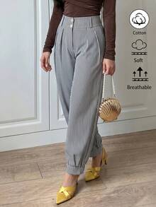 Xyvia Pantalones rectos de cintura alta con pliegues, de estilo elegante y casual, a rayas blancas y negras con doble hebilla, para mujer, primavera/verano - Blanco y Negro - Ver 3