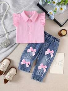 SHEIN 2pcs/Set Baby Girl Spring&Summer Casual Style, Top &Heart-Shape Embroidery Long Pants Denim Set - Baby Pink - View 4