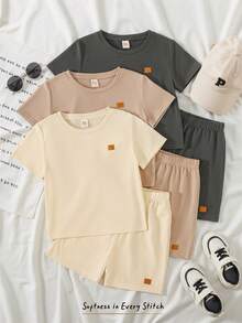Cozy Pixies 6件套男童可爱休闲夏季纯色针织纹理面料百搭短袖T恤和短裤套装 - 彩色 - 查看 7
