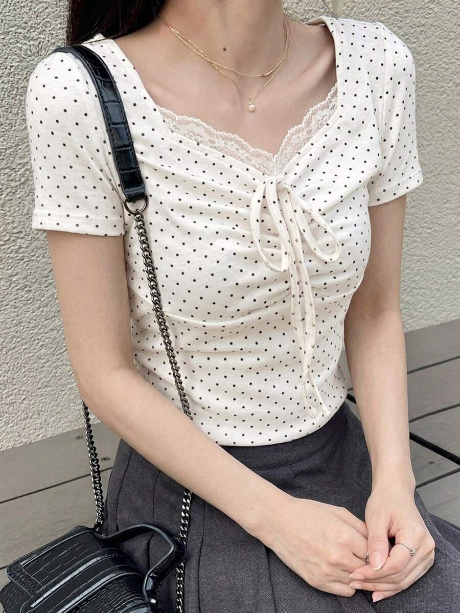 Dazy Tall 高个女式休闲波点蕾丝拼接长袖T恤 - 黑與白 - 查看 1