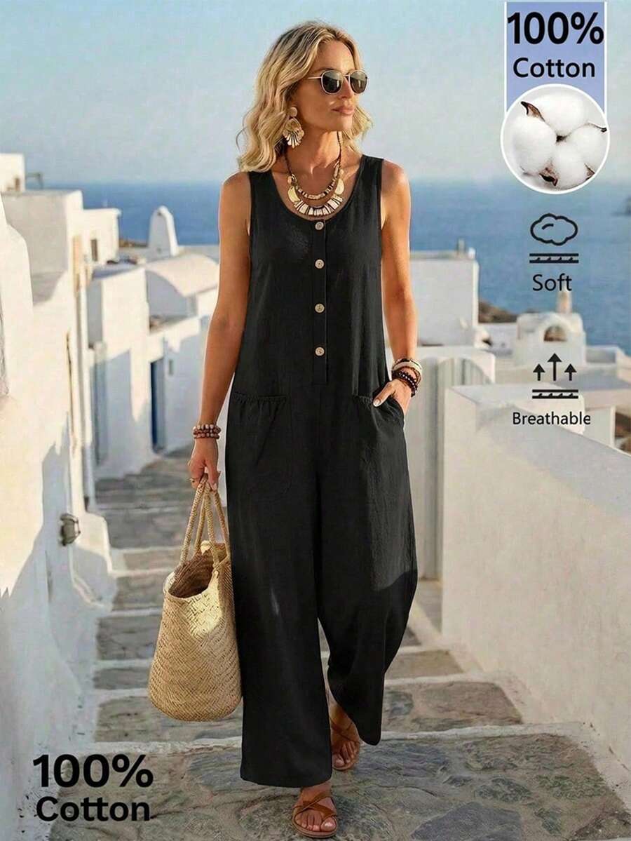 Faunlyn Women's Casual Vacation Style Solid Color Half-Button Front Slant Pocket Loose Wide Leg Jumpsuit, Summer Casual Women Outfits Vacation Outfits For Women - Black - View 1