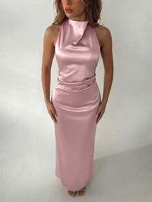 Aloruh Women's Green Draped Neck Tie-Waist Ruched Backless Dress, Spring/Summer,Summer Dresses For Women - Dusty Pink - View 4