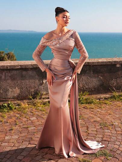 Aureia Elegant Luxurious Champagne Asymmetrical Shoulder Sheer Long Sleeve Pleated Fitted Fishtail Gown With Overlay, Suitable For Evening Party, Singles Party, Date, Ball, Vacation, Wedding Ceremony