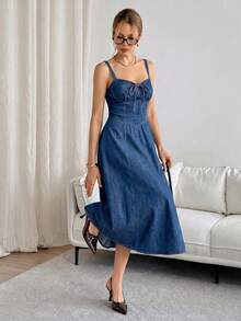 Siren Gaze Đầm denim dài hai dây thời trang nữ - Màu xanh lam - Xem 7