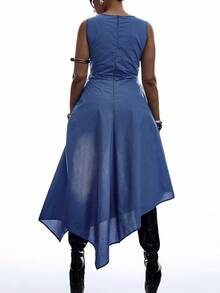 SHEIN EZwear فستان قطني كاجوال بتصميم كاروهات أزرق مقاس كبير، خصر بسحاب، أكمام مطوية، مناسب للعطلات الربيعية والصيفية - الأزرق - مشاهدة 2