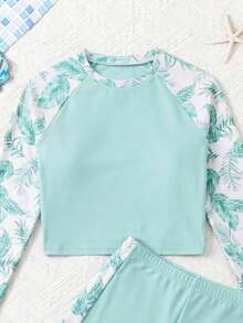 SHEIN Teen Girl Raglan Sleeve Tropical Plant Print Top And Shorts Swimwear Set - Mint Green - View 4