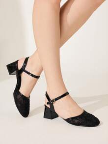 CUCCOO CHICEST Ladies Round Toe Fashion Simple Mesh Casual Mary Jane Saddle Strap High Heel Coarse Heel Sandals Summer Shoes - Black - View 7