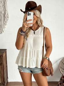 LanaWest CURVE Tank Top Kasual Tanpa Lengan Ukuran Besar Warna Polos Leher Bulat dengan Hem Berkerut - Aprikot - View 1
