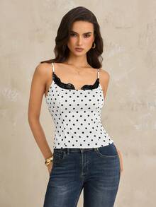 SHEIN Tall Áo hai dây ôm sát cơ thể gợi cảm màu đen viền ren cổ bẻ họa tiết chấm bi đen trắng dành cho nữ - trắng - Xem 6