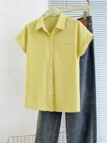 SHEIN Franclia 女士夏季休闲度假通勤简约纯色拼接短袖衬衫 - 淡黃色 - 查看 5