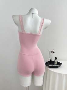 Elamini Women's Contrast Lace Front Tie Romper Night Out Date Night Soft Pink Summer Cute - Pink - View 2