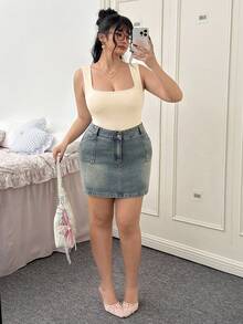 CovetEZ Plus Size Women's Basic Casual Daily Solid Color Round Neck Beige Tank Top, Spring/Summer - Apricot - View 4