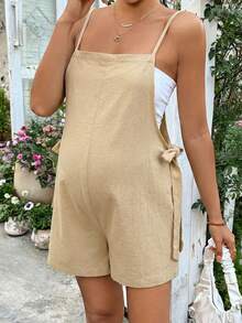 SHEIN 孕妇纯色侧系带吊带连体裤 - 卡其色 - 查看 6