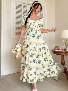 FleurLily Elegant White Summer Ditsy Floral Dress With Square Neck,Puff Sleeves,Waist Cinching,Ruffle Hem,Flowy A-Line Silhouette,Curve Party Holiday Garden - Multicolor - View 6