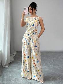 Elenzga Bộ đồ nữ thanh lịch, thoải mái gồm áo không tay dáng ôm họa tiết hoa nhí xếp ly bất đối xứng và quần ống rộng dáng ôm hai túi, thích hợp cho mùa xuân/hè. - Nhiều màu - Xem 3