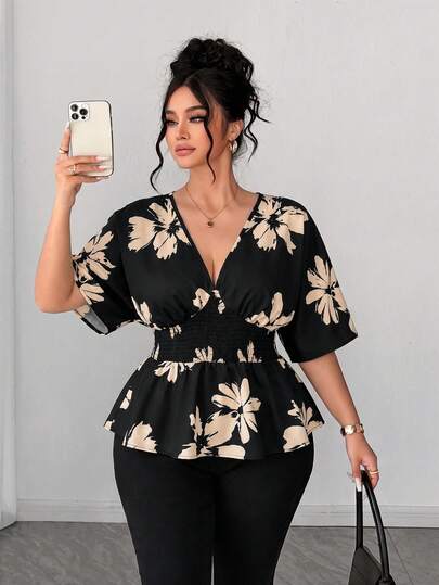 SHEIN Elenzya بلوزة كاجوال بياقة على شكل حرف V وأكمام راجلان مناسبة للخروج والحفلات والذهاب إلى العمل للسيدات ذوات الأحجام الكبيرة