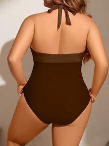 SHEIN Swim Curve Plus Size Summer Vacation Beach Colorblock Ruched Halter One-Piece Swimsuit - Brown - View 2