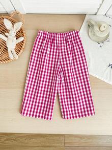 SHEIN LMoss Kids 女宝宝休闲度假可爱格子松紧腰裤 - 玫紅色 - 查看 2