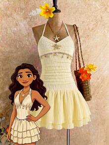Sparklyn Tween Girls Starfish & Shell Decor Halter Neck Dress - Apricot - View 1