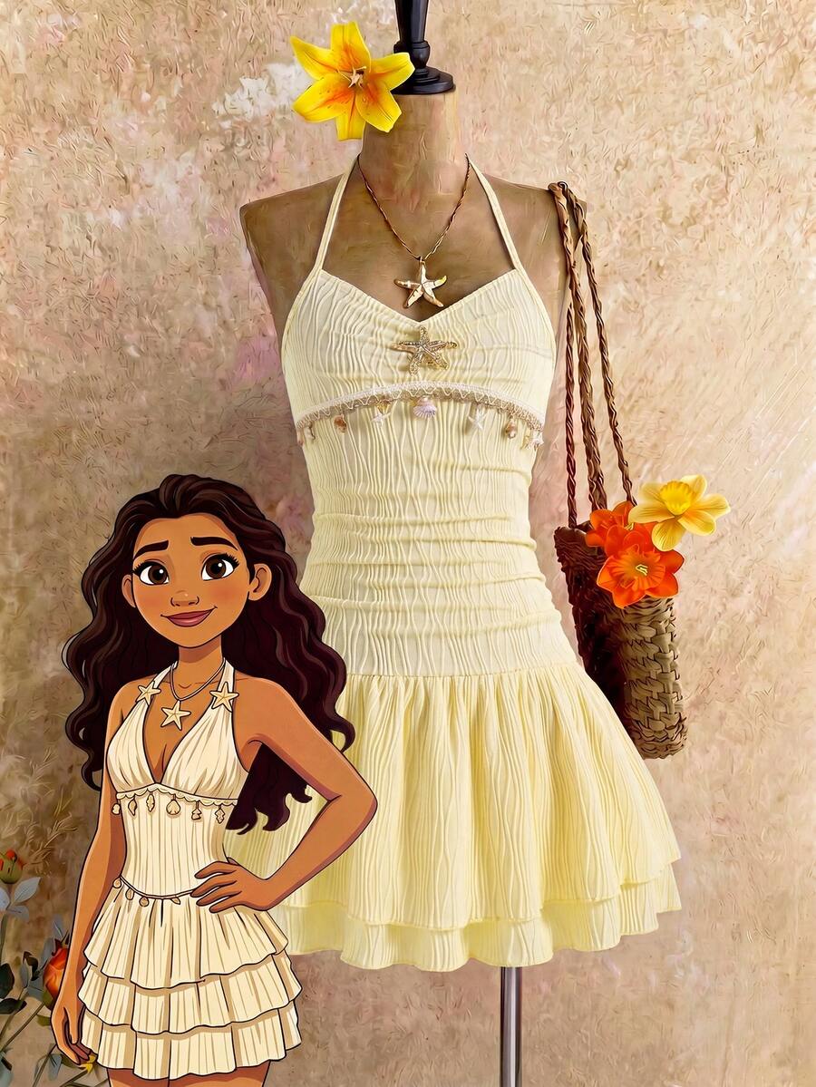 Sparklyn Tween Girls Starfish & Shell Decor Halter Neck Dress - Apricot - View 1