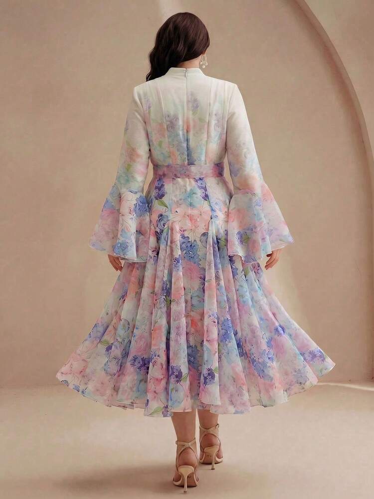 Plus Size Floral Print Belted Long Sleeve Dress