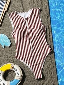 SHEIN Swim SPRTY Áo tắm biển mùa hè dành cho nữ, họa tiết sọc ngẫu nhiên, áo tắm liền thân không tay chống nắng, thiết kế nửa khóa kéo, dáng suông ôm sát, cắt cao. - Nhiều màu - Xem 4