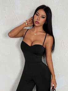 SHEIN PETITE 女款優雅極簡連身褲，黑色連身褲，適合嬌小女性 - 黑色 - 查看 6