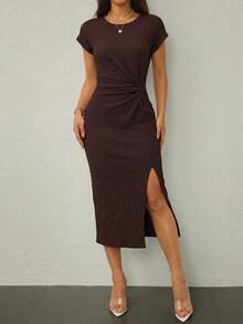 SHEIN Tall Marrón oscuro,Verano,Elegante,Vestido midi sin mangas con abertura alta y cintura retorcida elegante para citas,Atuendo casual texturizado ajustado para mujer invitada a boda y oficina,Mujeres altas - Marrón - Ver 7