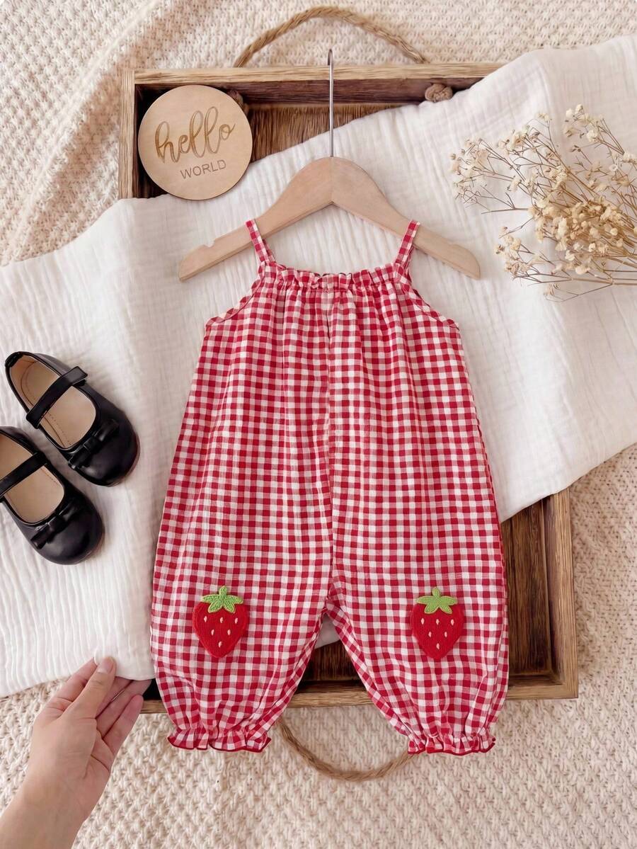 SHEIN Bộ áo liền quần mùa hè cho bé gái kiểu dáng thường ngày, họa tiết kẻ caro và dâu tây. - Đỏ - Xem 1