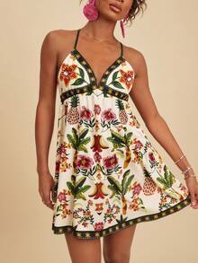Travachic Women's Sleeveless Floral Print Vacation Mini Dress, Waist Cinched Umbrella, Elegant Tropical Slim Fit, Spring/Summer Beach Rainbow - Multicolor - View 3