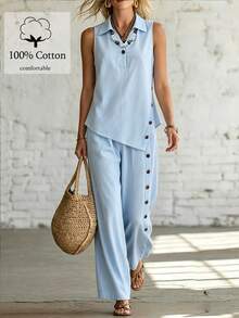 SHEIN LUNE CURVE Conjunto de 2 piezas talla grande, con cuello, para ir al trabajo, con estilo, minimalista, versátil, estilizador, sin mangas, fresco y ordenado - Azul - Ver 1