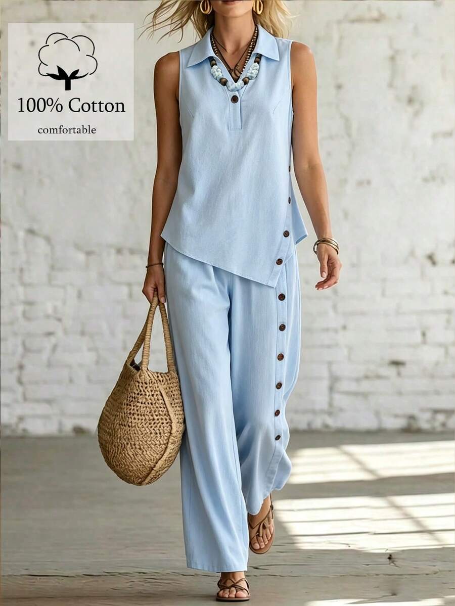 SHEIN LUNE CURVE Conjunto de 2 piezas talla grande, con cuello, para ir al trabajo, con estilo, minimalista, versátil, estilizador, sin mangas, fresco y ordenado - Azul - Ver 1