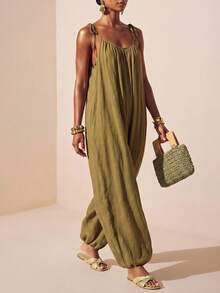 Zivah Loose Olive Green Summmer Boho Beach Vacation Holiday Jumpsuit For Women,Textured Suspender Wide-Leg Lantern Flower Tulip Modern High-Street Casual-A - Mustard Yellow - View 11
