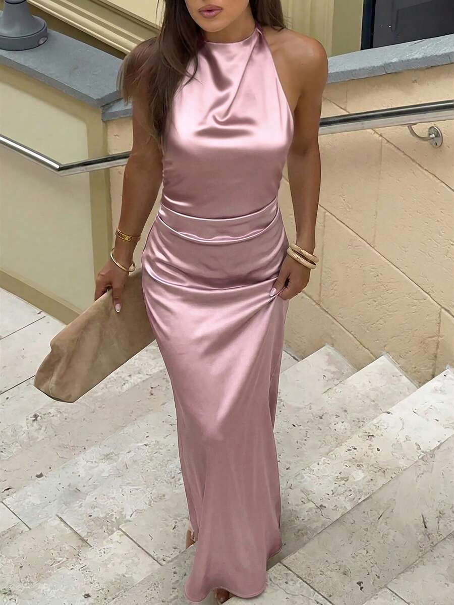 Aloruh Women's Green Draped Neck Tie-Waist Ruched Backless Dress, Spring/Summer,Summer Dresses For Women - Dusty Pink - View 1